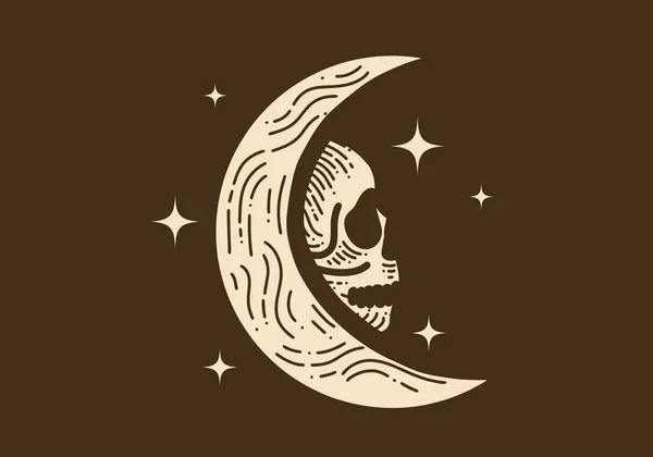 月球和骷髅的线条艺术古画 — 图库矢量图片