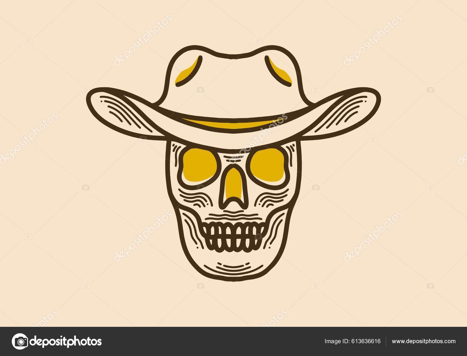 Western Cowboy Esqueleto Crânio Vetor Desenhado à Mão Desenhos