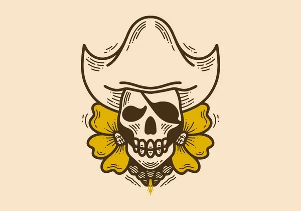 Design Ilustração Estilo Vintage Crânio Usando Chapéu Pirata Com Girassóis — Vetor de Stock