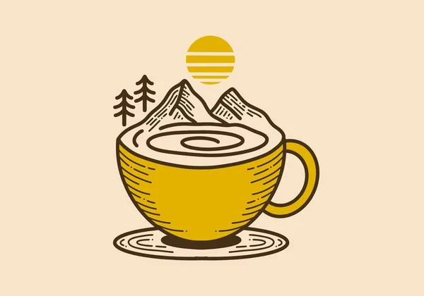 Tasse Café Style Rétro Illustration Montagne — Image vectorielle