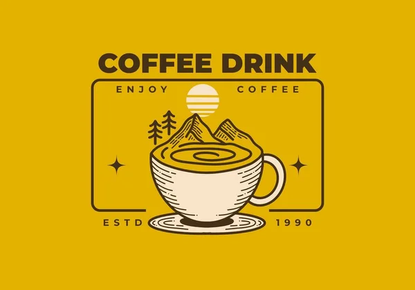 レトロスタイルのコーヒーカップと山のイラストデザイン — ストックベクタ
