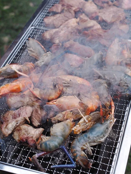 Fresh Delicious Grilled Shrimps Pork Meat Charcoal Grill Salt Traditional — Stok fotoğraf