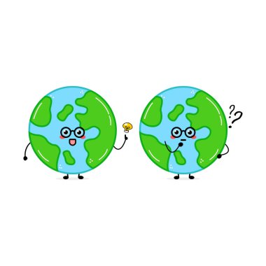 Sevimli komik dünya karakteri. Vektör el çizilmiş çizgi film maskotu karakter çizim simgesi. Beyaz arka planda izole edilmiş. dış uzay karakter kavramı