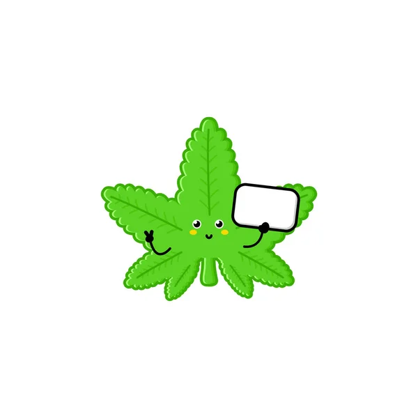 Śliczny Zabawny Liść Marihuany Wektor Ręcznie Rysowane Kreskówki Maskotka Charakter — Wektor stockowy