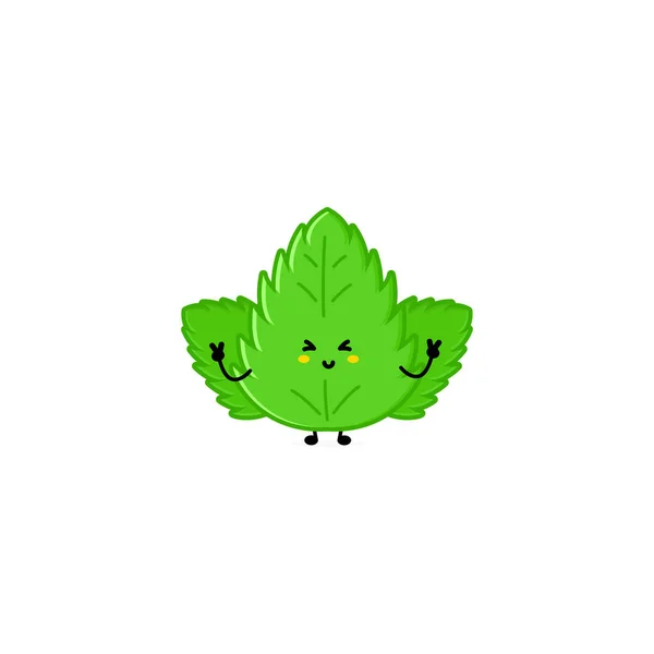 Cute Funny Mint Leaf Character Vector Hand Drawn Cartoon Mascot —  Vetores de Stock