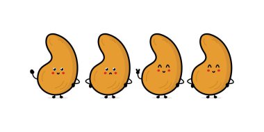 Komik, mutlu, kaju fıstığı karakterleri seti. Vektör çizgisi çizgi film stili çizimi. Şirin kaju maskotu karakter koleksiyonu, boyama kitabı için çizgi film çizimi