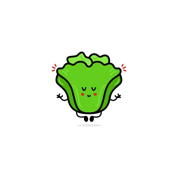 かわいい面白い緑色のサラダ文字 ベクトル手描き漫画キャラクターイラストアイコン 白い背景に隔離されている グリーンサラダキャラクターコンセプト — ストックベクタ