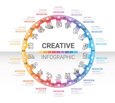 Yarım daire Infographic elementler tasarımı 18 seçenek veya adımla. İş kavramı için bilgi grafikleri. Sunumlar için kullanılabilir pankart, iş akışı düzeni, işlem diyagramı, akış şeması, bilgi grafiği