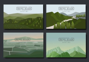 Peyzaj vektör kümesi, düz stil. Doğal duvar kağıtları minimalist, çokgen bir kavramdır..