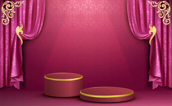 Curtains Background Pink Pedestal Trendy Empty Podium Display Cosmetic Product — Stockvektor