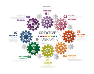 Sunum için 8 aşamalı bilgi grafikleri. Çarklı şanzıman mekanik, mühendislik teknolojisi gelişim konseptini birbirine bağlıyor. Çarklı bağlantı pankartı, EPS 10.