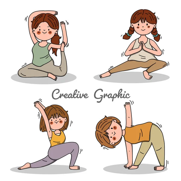 Hand Drawn Yoga Poses Collection Vector Illustration Happy Young Woman — Stock Vector