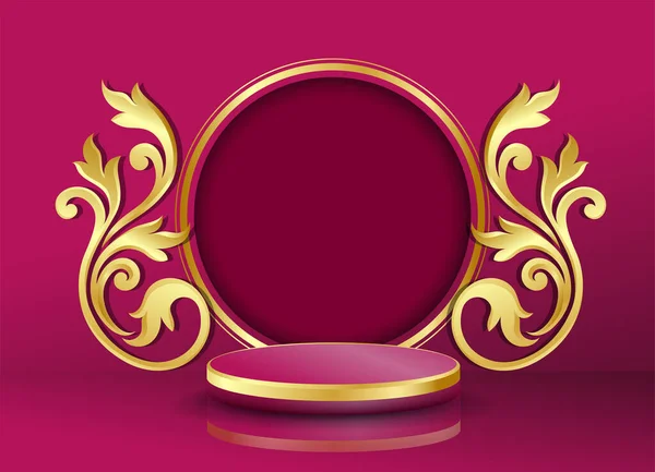 Podium Und Barocke Goldmotive Auf Rotem Hintergrund Eleganter Stil Teuer — Stockvektor