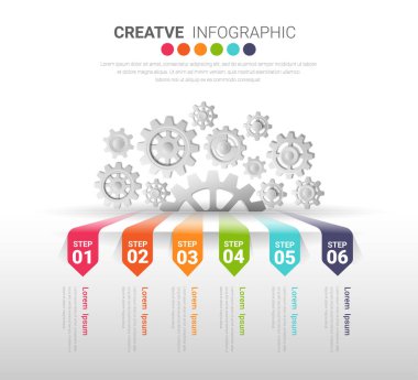 Dişli dişli 6 basamaklı endüstri sunum modeli. Koordineli çalışma kavramı, mekanik süreç, işlevsel mekanizma. Modern bilgi tasarım şablonu. 