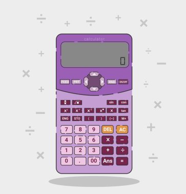 Düz hesap makinesi, mor renk, finans, ticaret, ofis ve eğitim için taşınabilir bir hesap aracı. şirin tasarım çizimi.
