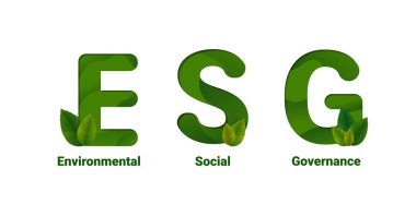 ESG iş konsepti, Çevresel, Sosyal, Yönetim. İş yatırım analizi modeli. Sosyal sorumluluk yatırım stratejisi. Şirket sürdürülebilirlik performansı. Vektör illüstrasyonu.