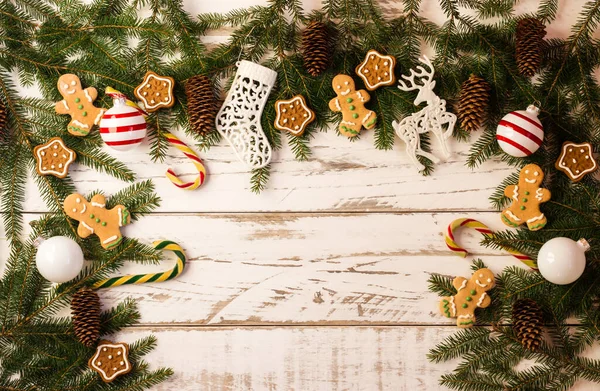 Fundo Natal Com Decorações Tradicionais Ano Novo Bolas Vidro Cana — Fotografia de Stock