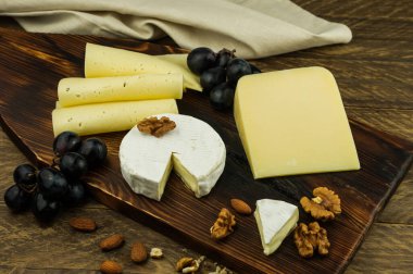 Klasik Camembert peyniri, parmesan peyniri, ahşap tahtada kremalı sümüklü peynir ve kır masası.