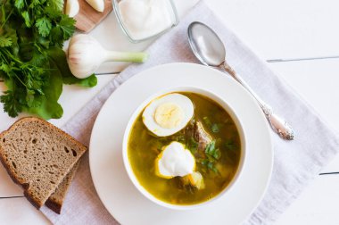 Sağlıklı yeşil kuş sürüsü çorbası ve haşlanmış yumurta ve beyaz bir kasede ekşi krema. Geleneksel Rus mutfağı. en üstteki görünüm