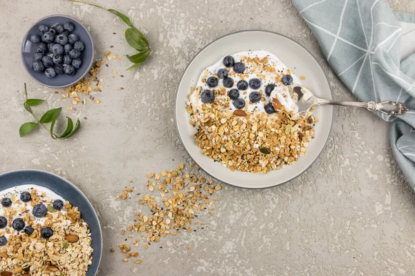 俯瞰着一盘大盘的麦片和酸奶 成熟的蓝莓和坚果 健康均衡饮食的概念 灰色混凝土背景 — 图库照片