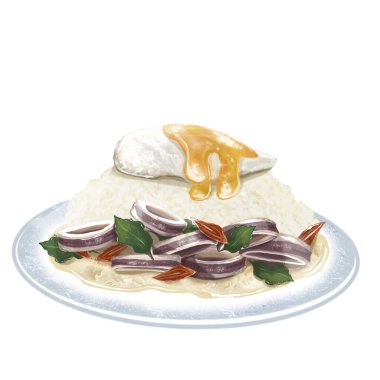 İllüstrasyon, baharatlı kızarmış deniz ürünleri, tatlı fesleğenli ve pilavlı sahanda yumurta. Tayland 'da kolay bulunan favori bir yemek. Beyaz tabakta servis edilmiş, yan görüş. Beyaz arkaplanda izole.