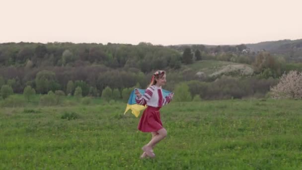Mujer Ucraniana Vyshyvanka Corriendo Hacia Atardecer Sosteniendo Bandera Ucraniana Símbolo — Vídeo de stock