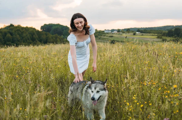 young cheerful woman in field with siberian husky dog