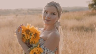 4k slow motion portrait of beautiful happy pregnant woman in countryside during sunset