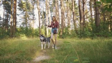 4k slow motion shot of teenage girl playing and having fun with her siberian husky dog. Girl with dog in the forest