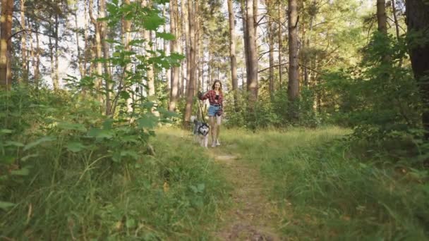 Slow Motion Shot Teenage Girl Playing Having Fun Her Siberian — Vídeo de Stock