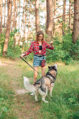 Genç kız Sibirya köpeğiyle oynuyor ve eğleniyor. Ormanda köpekli bir kız