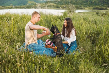 Genç mutlu çift, güzel günbatımında kırsal alanda Fransız buldoglarıyla piknik yapıyor. Gölün yanında romantik bir buluşma.