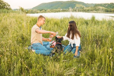Genç mutlu çift, güzel günbatımında kırsal alanda Fransız buldoglarıyla piknik yapıyor. Gölün yanında romantik bir buluşma.