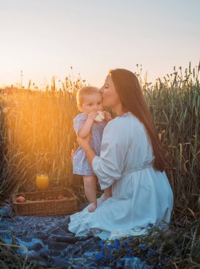 Anne ve kızı dışarıda piknik yapıyorlar. Küçük bebekle oynamak ve eğlenmek. Mutlu aile kavramı