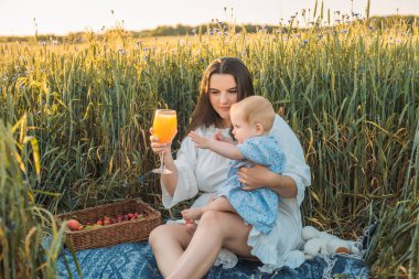 Anne ve kızı dışarıda piknik yapıyorlar. Küçük bebekle oynamak ve eğlenmek. Mutlu aile kavramı