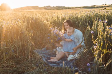 Anne ve kızı dışarıda piknik yapıyorlar. Küçük bebekle oynamak ve eğlenmek. Mutlu aile kavramı
