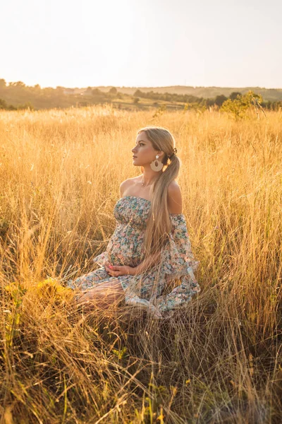Retrato Hermosa Mujer Embarazada Feliz Campo Durante Puesta Del Sol — Foto de Stock