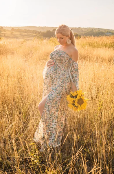 Portret Van Mooie Gelukkige Zwangere Vrouw Het Platteland Tijdens Zonsondergang — Stockfoto