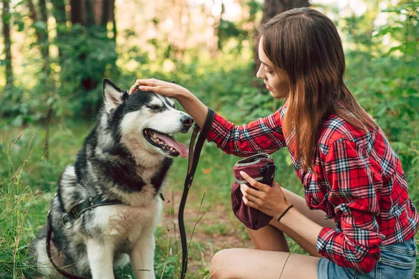 Teenagermädchen Spielt Und Spaß Mit Ihrem Sibirischen Husky Hund Hat — Stockfoto