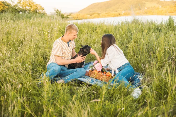 Giovane Coppia Felice Facendo Picnic Con Loro Bulldog Francese All — Foto Stock