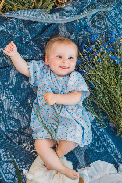 Portrait Happy Cute Little Girl Picnic Blanket Outdoors — Foto de Stock