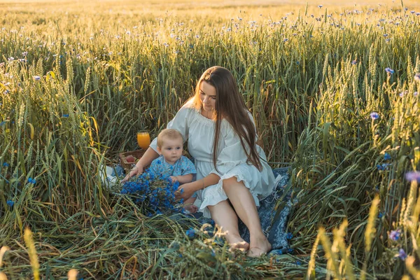 Moeder Dochter Picknicken Buiten Het Veld Spelen Plezier Hebben Met — Stockfoto