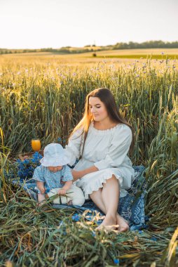 Anne ve kızı dışarıda piknik yapıyorlar. Küçük bebekle oynamak ve eğlenmek. Mutlu aile kavramı