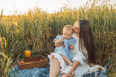 Anne ve kızı dışarıda piknik yapıyorlar. Küçük bebekle oynamak ve eğlenmek. Mutlu aile kavramı