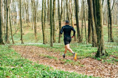Güzel bahar ormanlarında koşan sporcu adamın geniş açılı görüntüsü. Spor ve sağlık konsepti