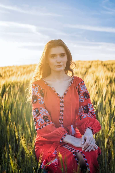 Joven Hermosa Mujer Con Vestido Bordado Tradicional Ucraniano Campo Trigo — Foto de Stock