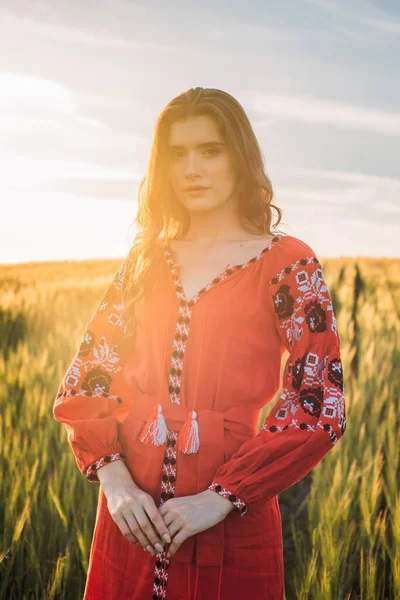 Joven Hermosa Mujer Con Vestido Bordado Tradicional Ucraniano Campo Trigo — Foto de Stock
