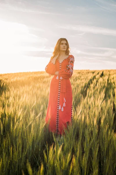 Joven Hermosa Mujer Con Vestido Bordado Tradicional Ucraniano Campo Trigo — Foto de Stock