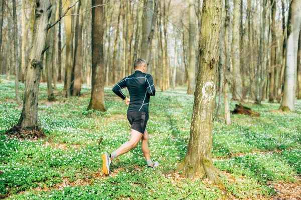 美しい春の森を走るスポーティな男のワイドショット スポーツとウェルネスのコンセプト — ストック写真