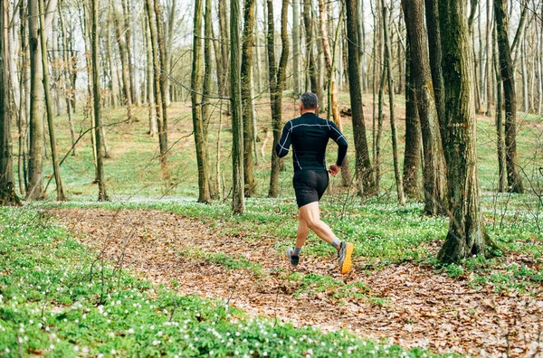 美しい春の森を走るスポーティな男のワイドショット スポーツとウェルネスのコンセプト — ストック写真
